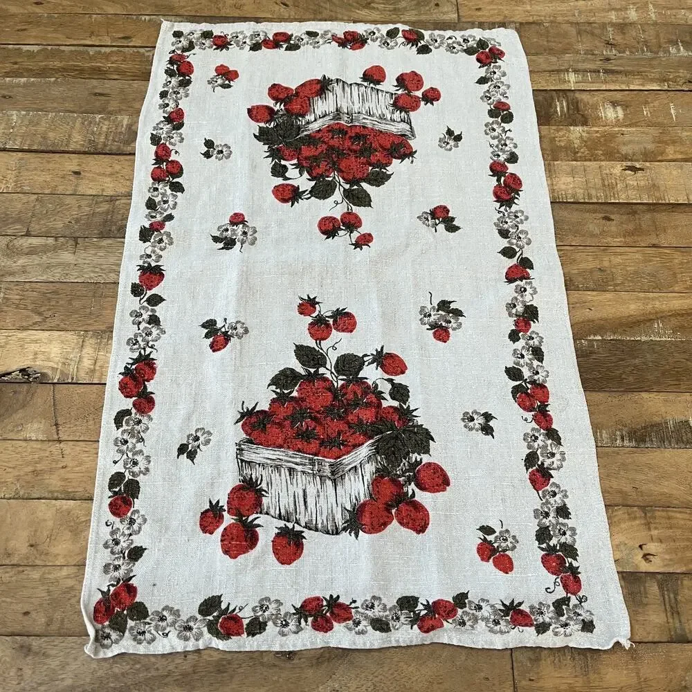 Vintage Strawberry Baskets Printed Linen Kitchen Dish Towel 24 x 15